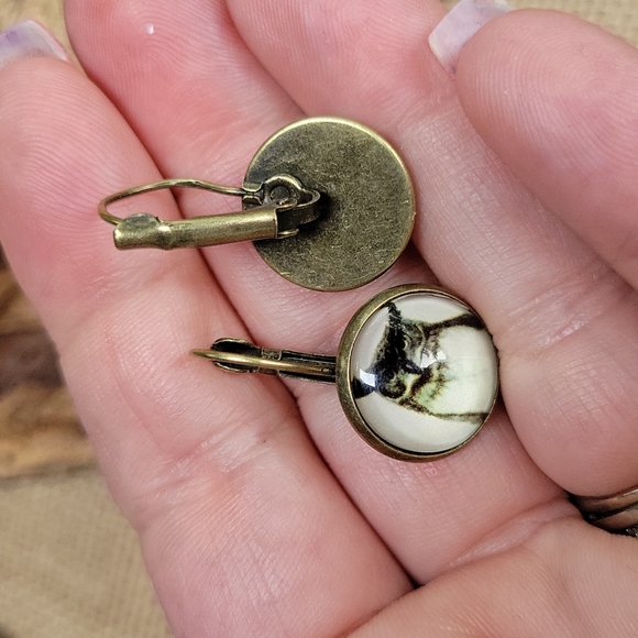 Great Horned Owl Bubble Drop Fangle Earrings, Antiqued Bronze finish - Picture 3 of 3